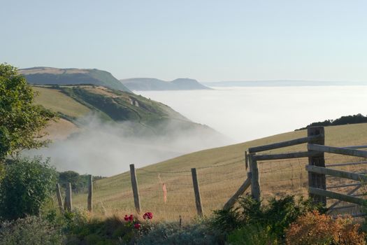 Near the new quay area in wales UK, bright white sea mist floats around the base of rolling green cliffs. Fence in foreground leads in.