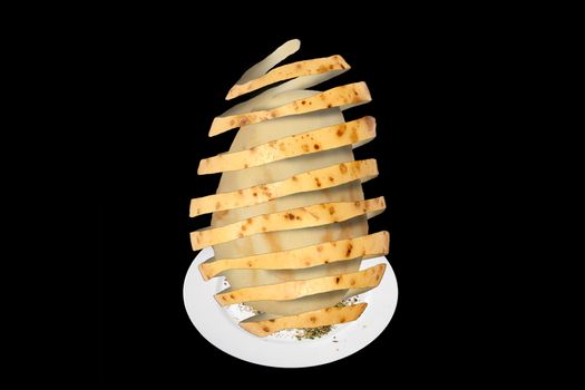 Surreal abstract composite image of how to peel a potato cut out and isolated on a black background