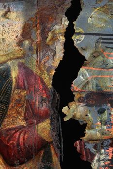 Background texture of an old distressed cracked iron panel painting covered in rust