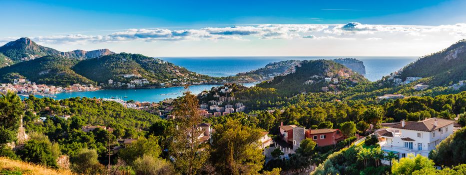 Panoramic view of Port de Andratx, beautiful bay coast on Mallorca islands, Spain