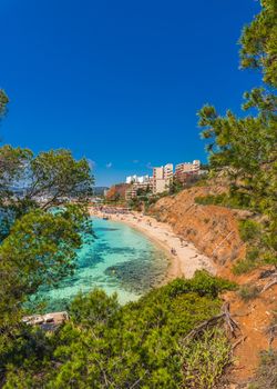 Idyllic view of sand beach Platja de l'Oratori on Mallorca island, Spain Mediterranean Sea