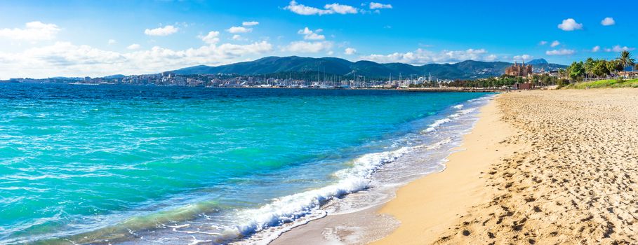 Palma de Majorca seaside beach panorama, Spain Mediterranean Sea, Balearic Islands