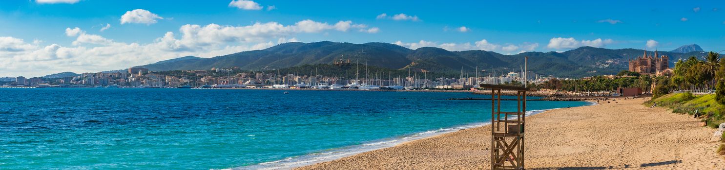 Panorama view of coastline beach in Palma de Mallorca, Spain Mediterranean Sea, Balearic Islands