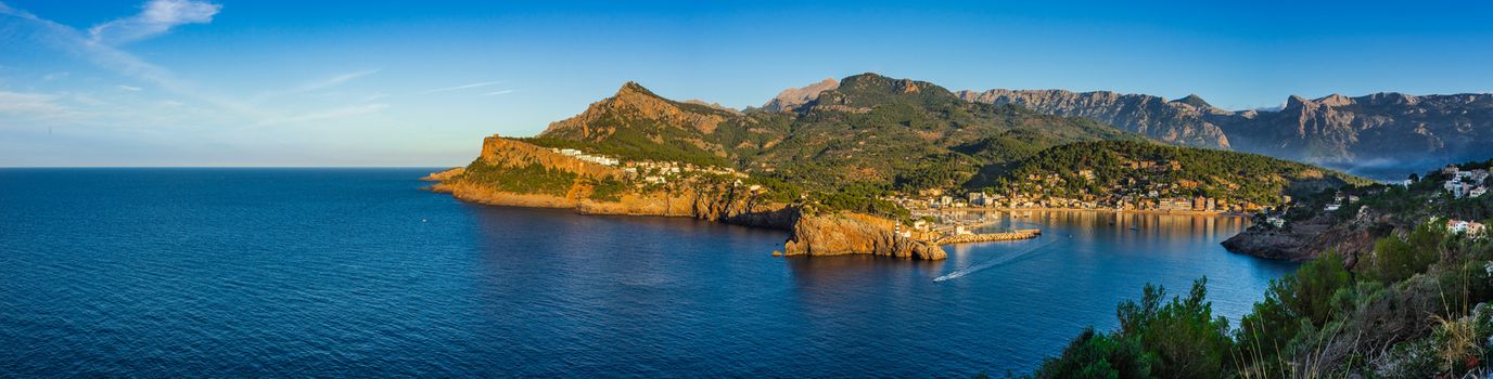 Panorama view of Port de Soller Mallorca island, Mediterranean Sea Spain, Balearic Islands