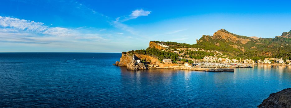 Panorama view of Port de Soller, beautiful coast landscape on Majorca island, Spain Mediterranean Sea