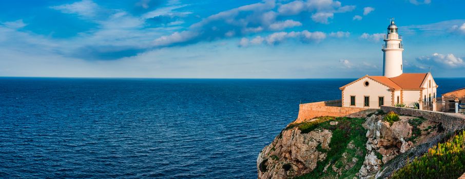 Lighthouse sea landscape panorama on Majorca island, Spain Mediterranean Sea