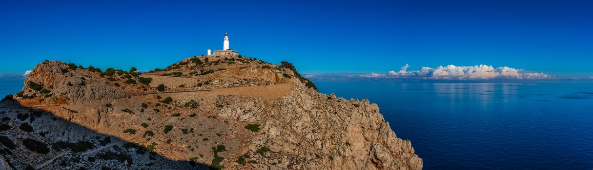 Panorama view of Lighthouse at Cap de Formentor on Mallorca island, Spain Mediterranen Sea
