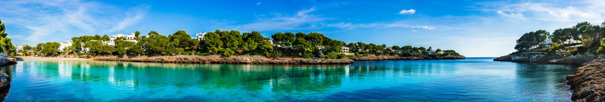 Panorama view of Cala D'or seaside, beautiful coast on Majorca island, Spain Mediterranean Sea 