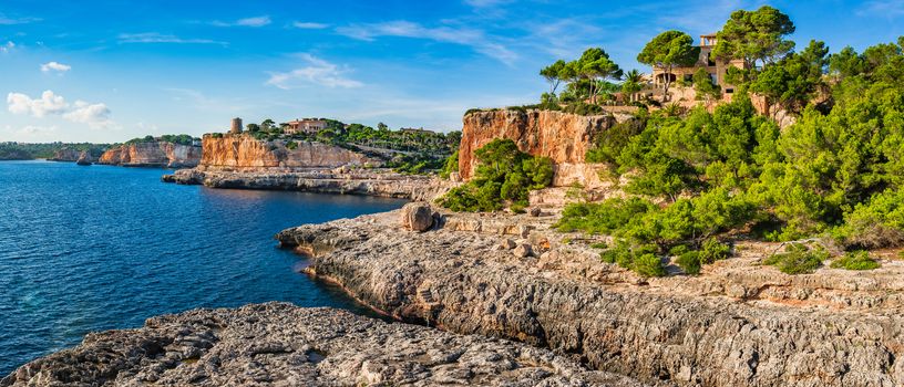 Beautiful panorama view of rocky coast of Santanyi on Mallorca island, Spain Mediterranean Sea