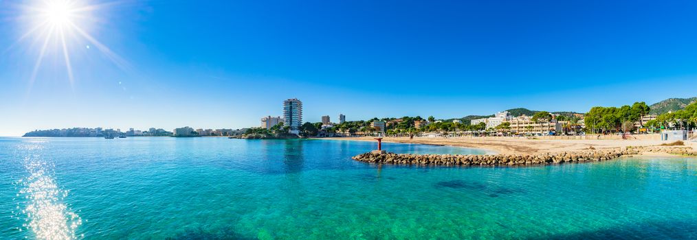 Panorama view of tourist resort beach of Platja Palmanova on Mallorca island, Spain Mediterranean Sea