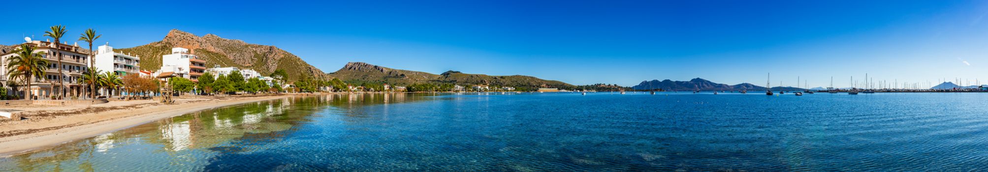 Beautiful panorama view at bay of Pollenca on Mallorca island, Spain Mediterranean Sea