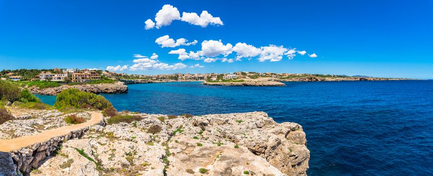 Idyllic view of coastline on Mallorca island, beautiful seaside of Porto Cristo, Spain Mediterranean Sea