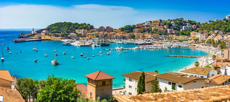 Beautiful panoramic view on Mallorca island, idyllic coast of Port de Soller, Spain Mediterranean Sea