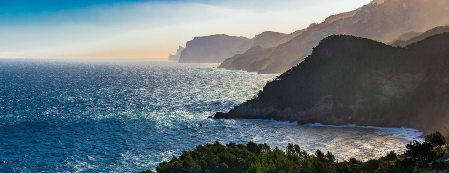 Panorama view of beautiful coastline sunset on Mallorca, Spain island Mediterranean Sea