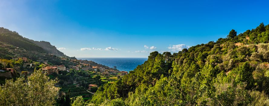 Idyllic panorama view of Banyalbufar at the coastline of Majorca Island, Spain