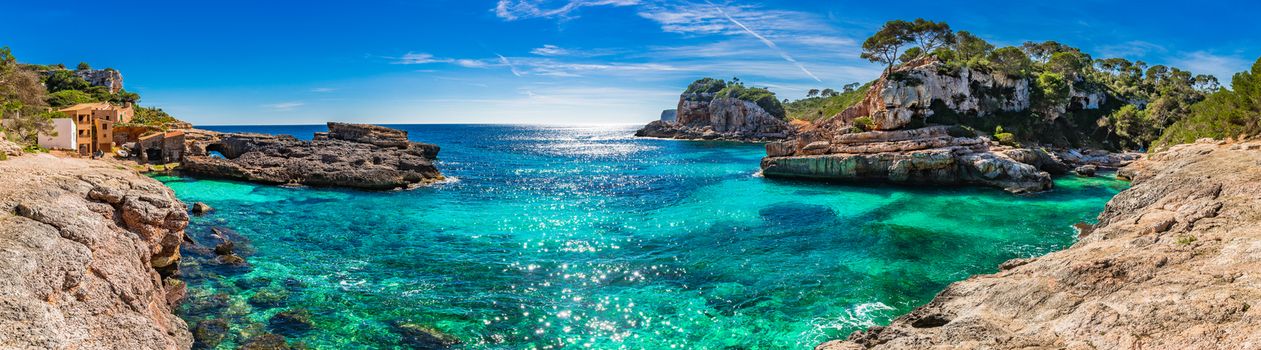 Idyllic view of coastline panorama Cala S'Almunia bay, beautiful seaside on Mallorca island, Spain