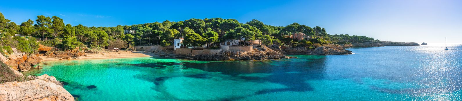 Beautiful coast panorama of Mallorca island, idyllic bay of Cala Gat beach, Spain Mediterranean Sea