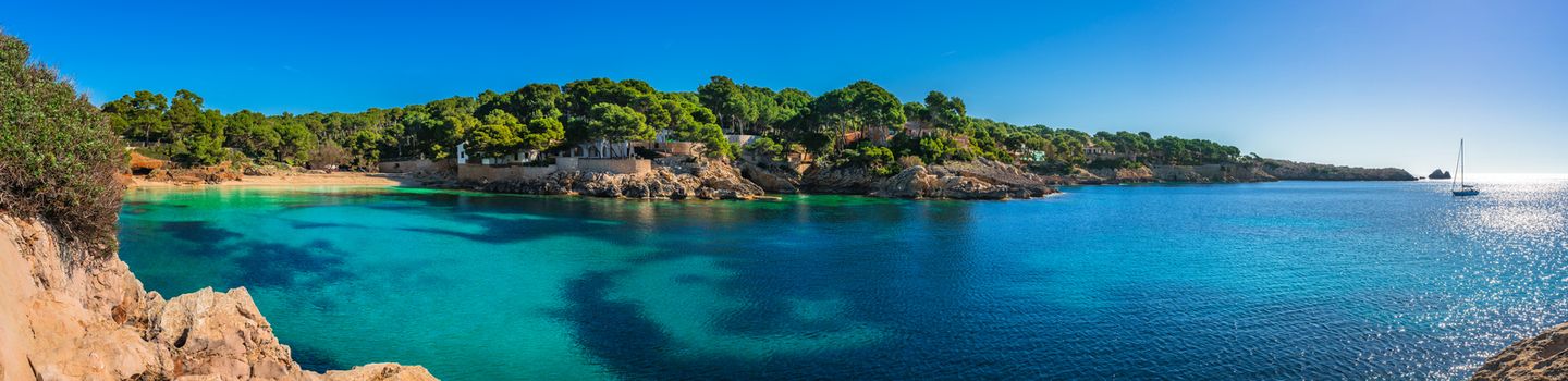Beautiful panorama view of the coastline Cala Gat, idyllic bay beach on Majorca, Spain Balearic Islands