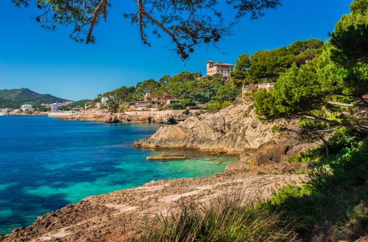 View of Mallorca seaside, beautiful coastline in Cala Rajada, Spain Mediterranean Sea