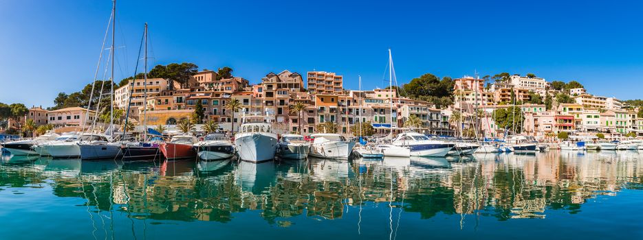 Beautiful view of marina Port de Soller on Mallorca island, Spain Mediterranean Sea