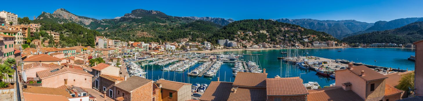 View of Port de Soller on Mallorca, beautiful panorama view of town and marina harbor, Spain Balearic Islands