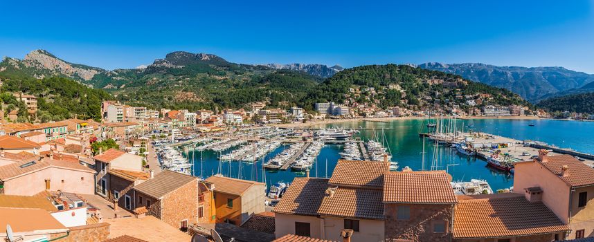 Port de Soller Mallorca island, beautiful marina harbor panorama view, Spain Mediterranean Sea