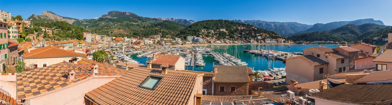 Panorama view of Puerto de Soller, idyllic marina harbor on Majorca, Spain Mediterranean Sea