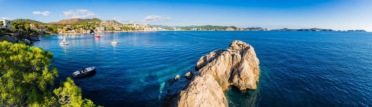 Idyllic panorama view at Cala Fornells, beautiful coast on Mallorca, Spain Mediterranean Sea