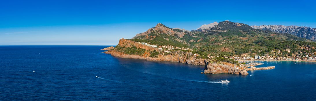 Beautiful panorama view of Puerto de Soller on Mallorca island, Spain Mediterranean Sea