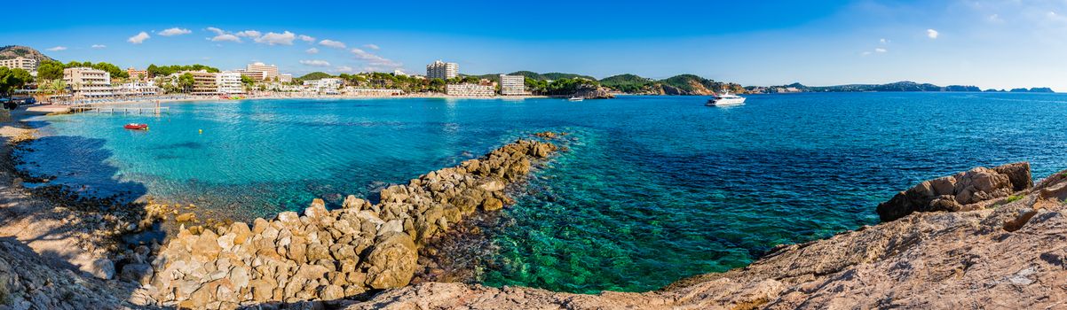 Seaside panorama of Platja Palmira beach on Mallorca island, Spain Mediterranean Sea