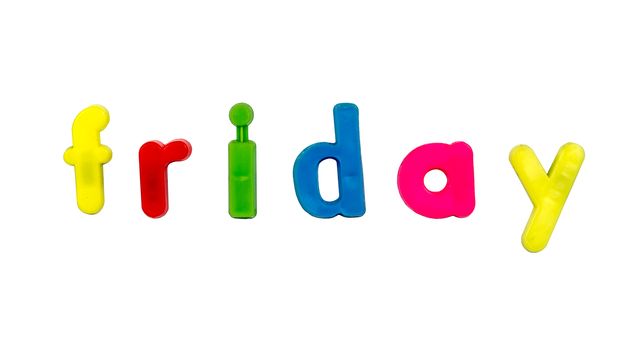 Plastic multicoloured plastic letters with the word Friday