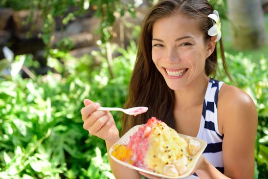 Shave ice - hawaiian shaved ice dessert. Close up of traditional local Hawaii dessert food.