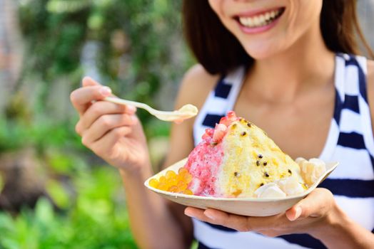 Shave ice - hawaiian shaved ice dessert. Close up of traditional local Hawaii dessert food.