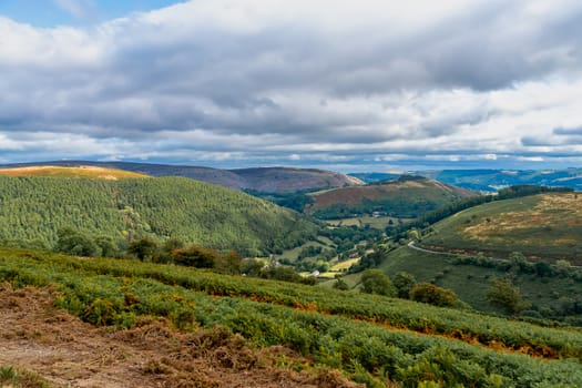 Scenic landscape view of the mountains at the Horseshoe Pass in Wales