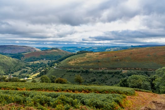 Scenic landscape view of the mountains at the Horseshoe Pass in Wales