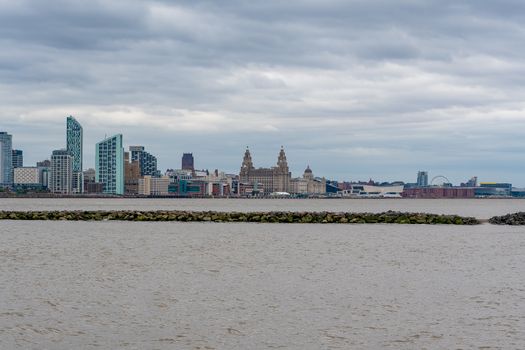 The city of Liverpool skyline in England viewed from the river Mersey