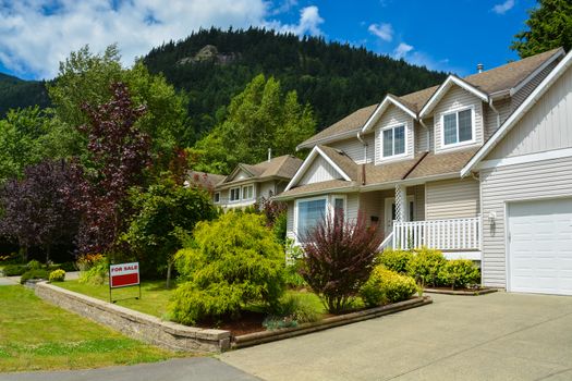 North American family house in rural area for sale. Single house with nicely landscaped front yard and white-blue sky background