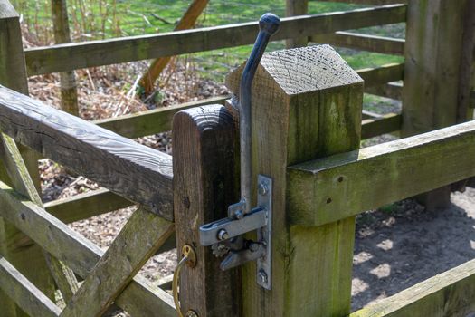 Metal gate post on a wooden forest gate.