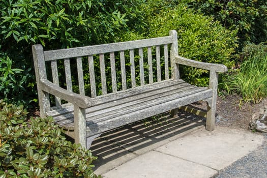 Old wooden park bench in the sun