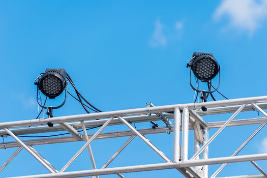 Out door stage lights attached to metal framework