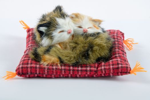 Two sleeping cats on a pillow plush on a white background