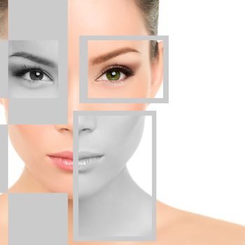 Closeup beauty portrait of young woman with geometric shapes on face. Beautiful mixed race Asian / Caucasian female is representing beauty concept. She is isolated over white background.