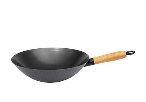 Chinese wok frying pan with wooden handle on a white background