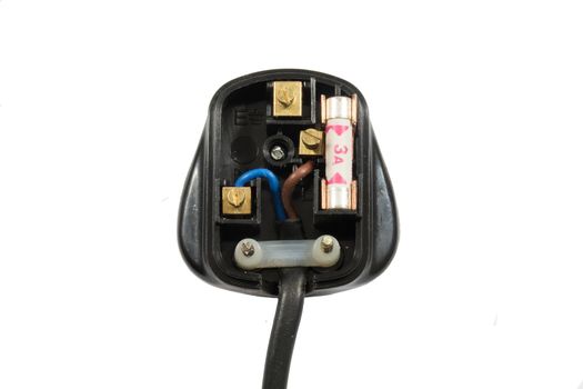 Inside an English 3 pin plug with 3 amp fuse and no earth wire.