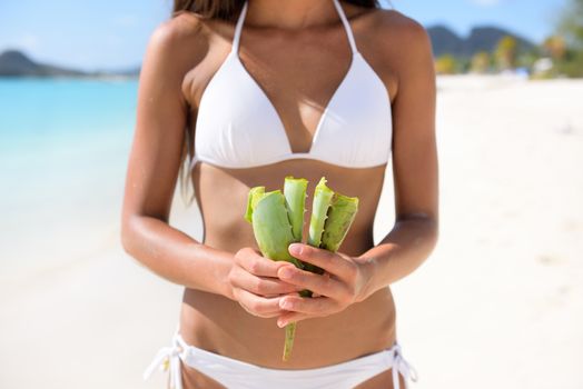 Aloe Vera - woman showing plant for skin care treatment using Aloes. Can be used as natural medicine or remedy against sunburn.