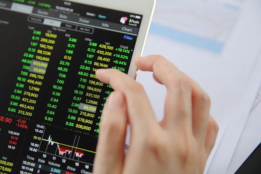 Woman hand Trading online on tablet with business paper and coffee