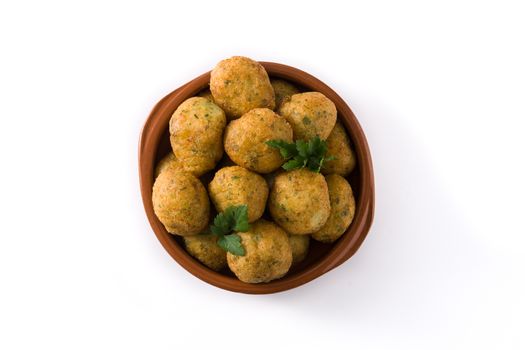 Traditional cod fritters with garlic and parsley isolated on white background
