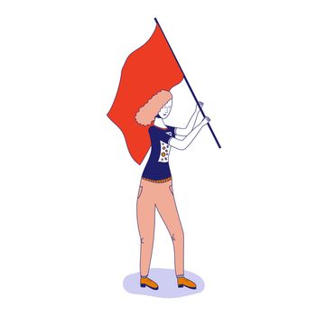 Young girl with red hair waving a red flag. The concept of revolution, protest. illustration, blue line, in cute cartoon style