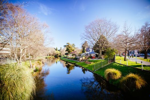 Landscape around the River Avon in Christchurch on a warm spring day in New Zealand