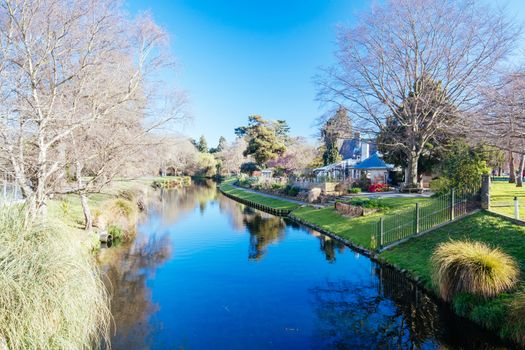 Landscape around the River Avon in Christchurch on a warm spring day in New Zealand